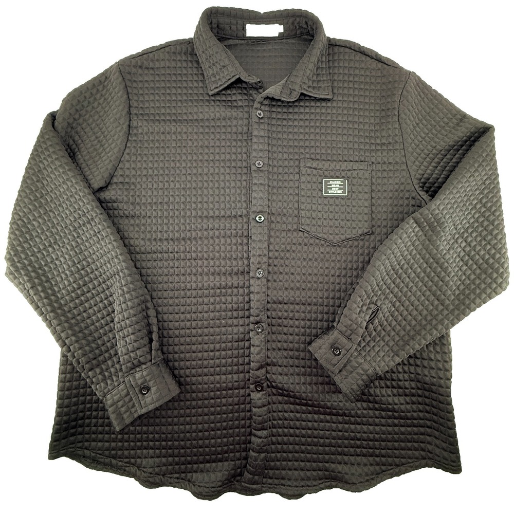 Hoooyi Waffle Knit Button Up Shirt Mens XL Black Textured Stretch Casual Pocket